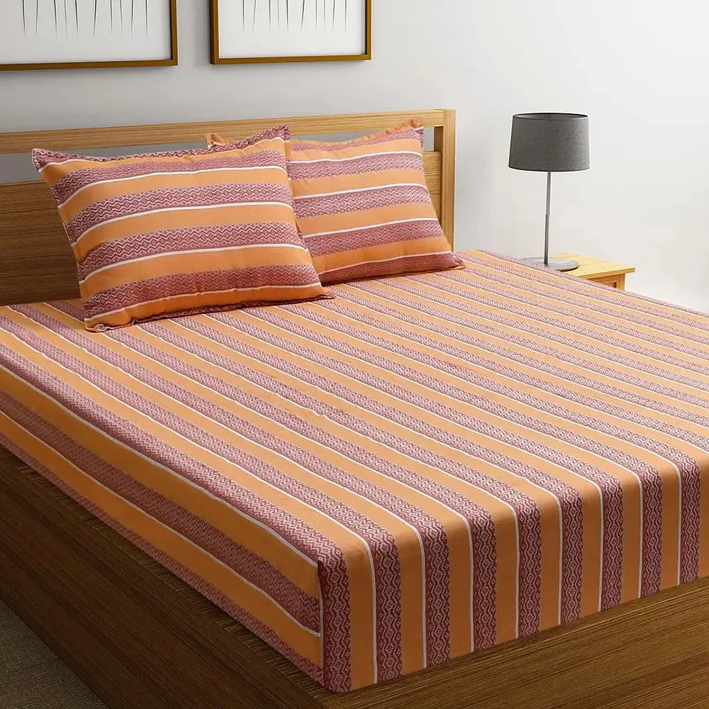 Light Orange Traditional Printed Striped Jacqard Queen Size Bedsheet With 2 Pillows Covers