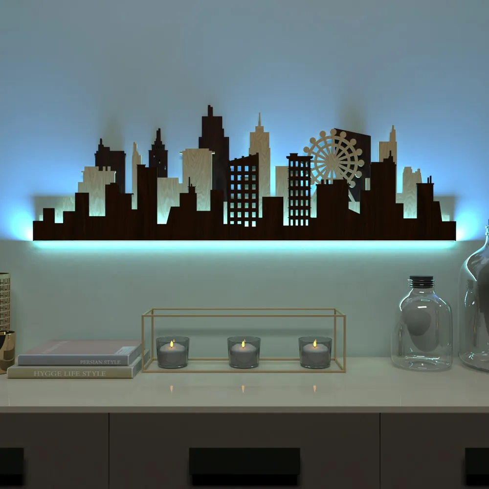 London City Backlit  Acrylic Wall Art / Night Light, Walnut or Oak Finish