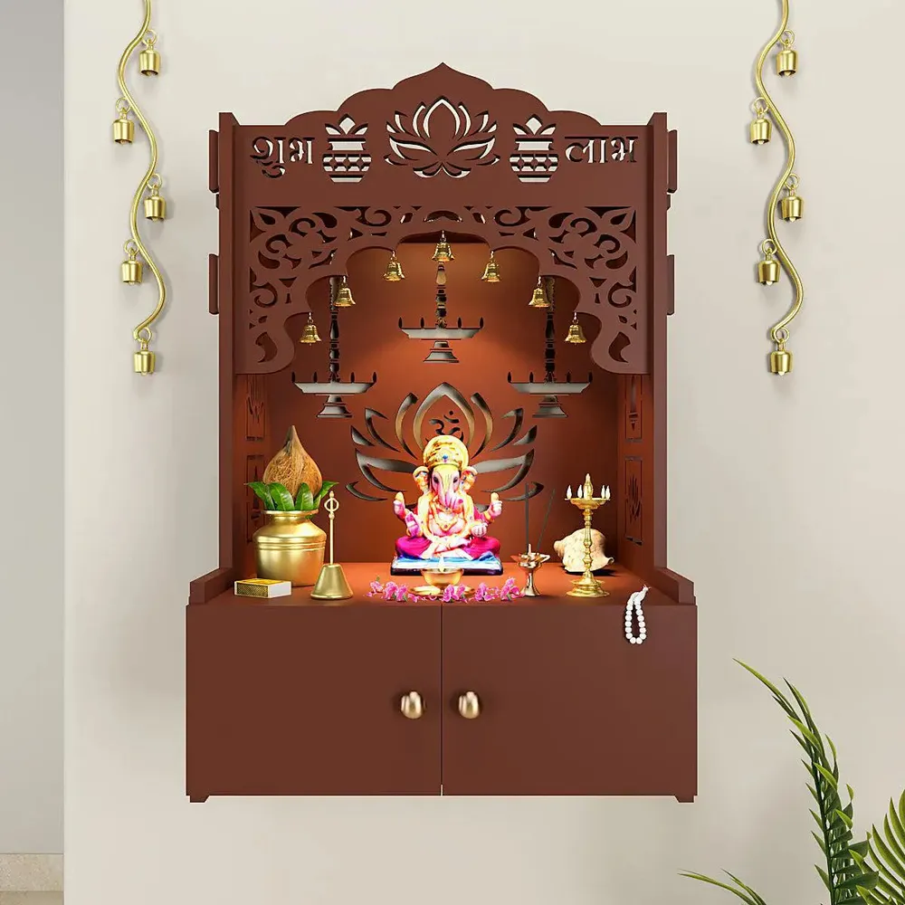 Lotus Brown Wooden Wall Temple for Home With Inbuilt focus Lights &amp; Spacious Shelf