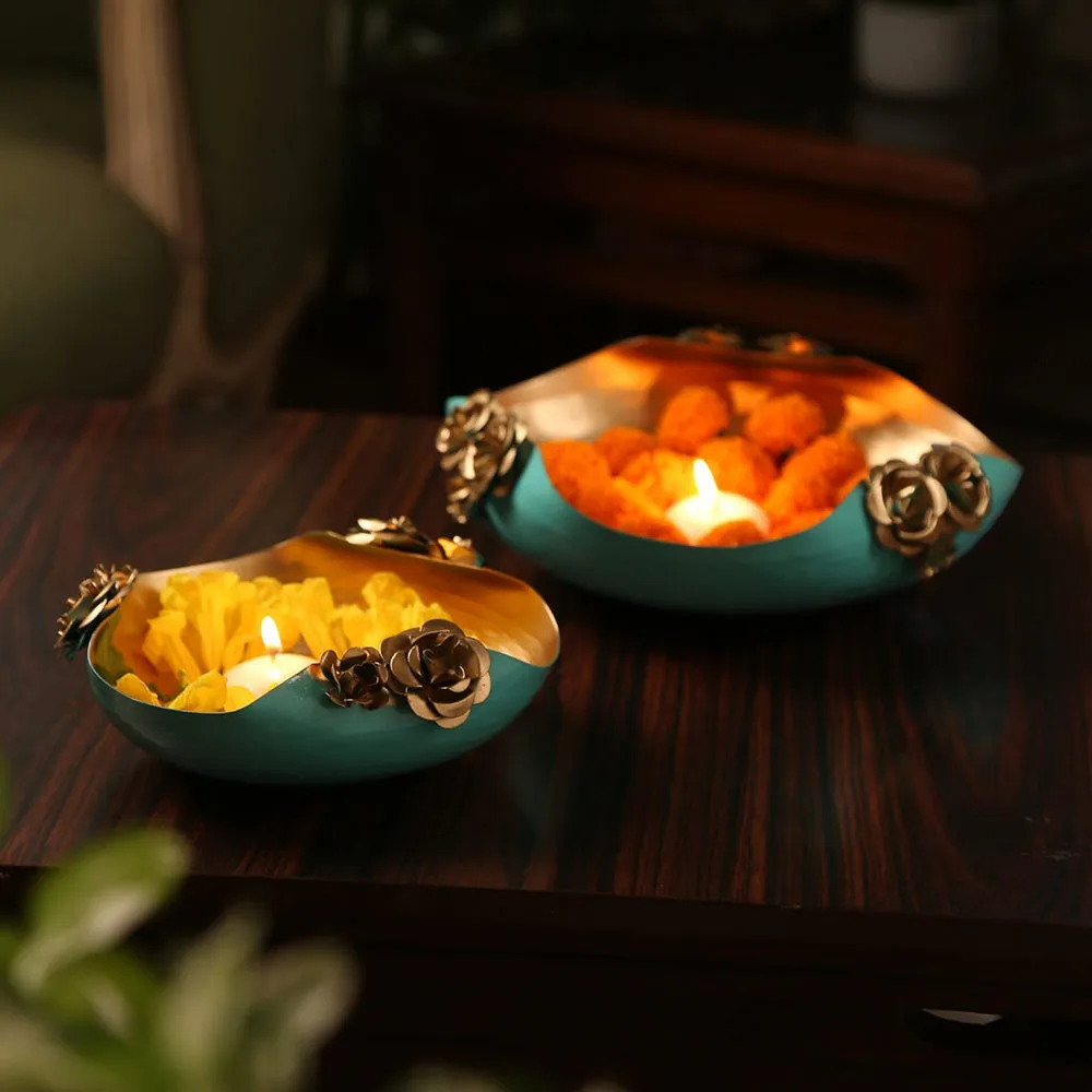 Luscious Blue & Gold Decorative Urli Bowl Set Of 2