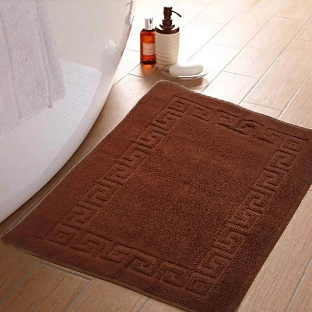 Lushomes Brown Terry Cotton Bathmat with Greek Border