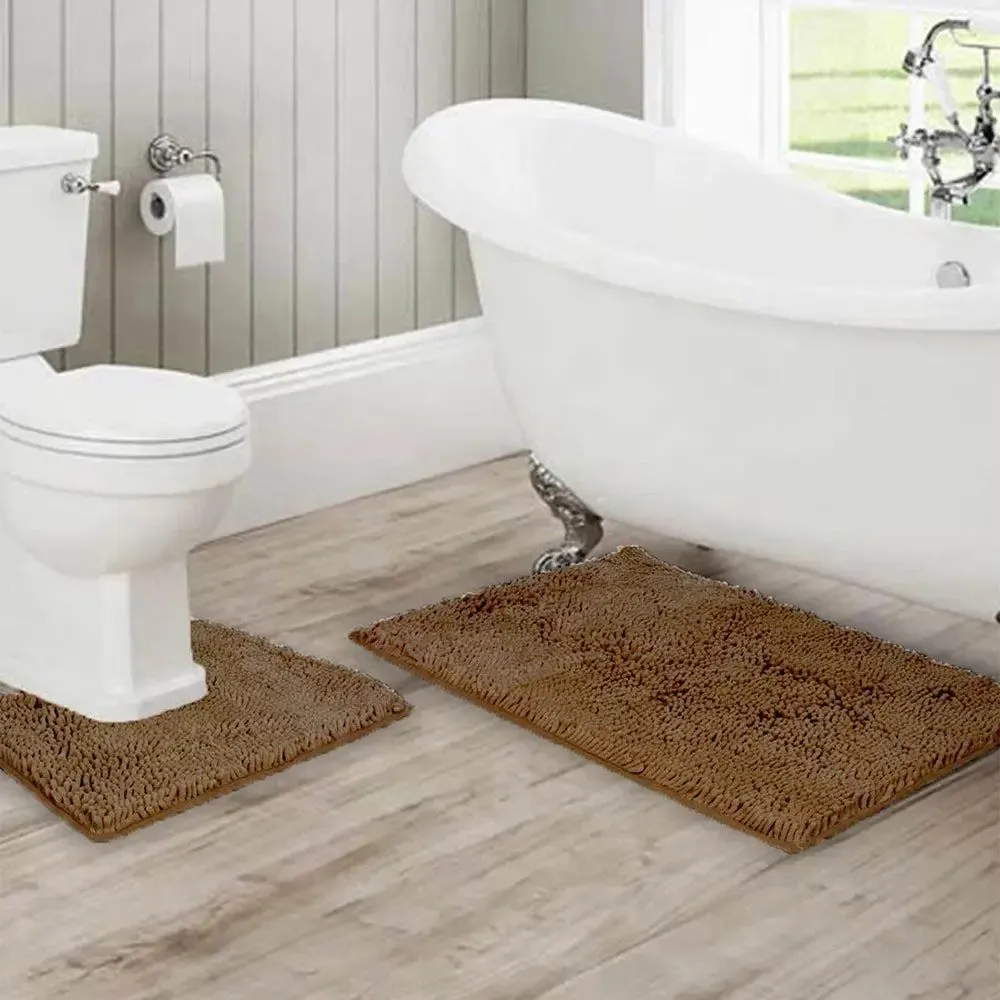 Lushomes Chenille Croissant Bath mat Set with High Pile Microfiber