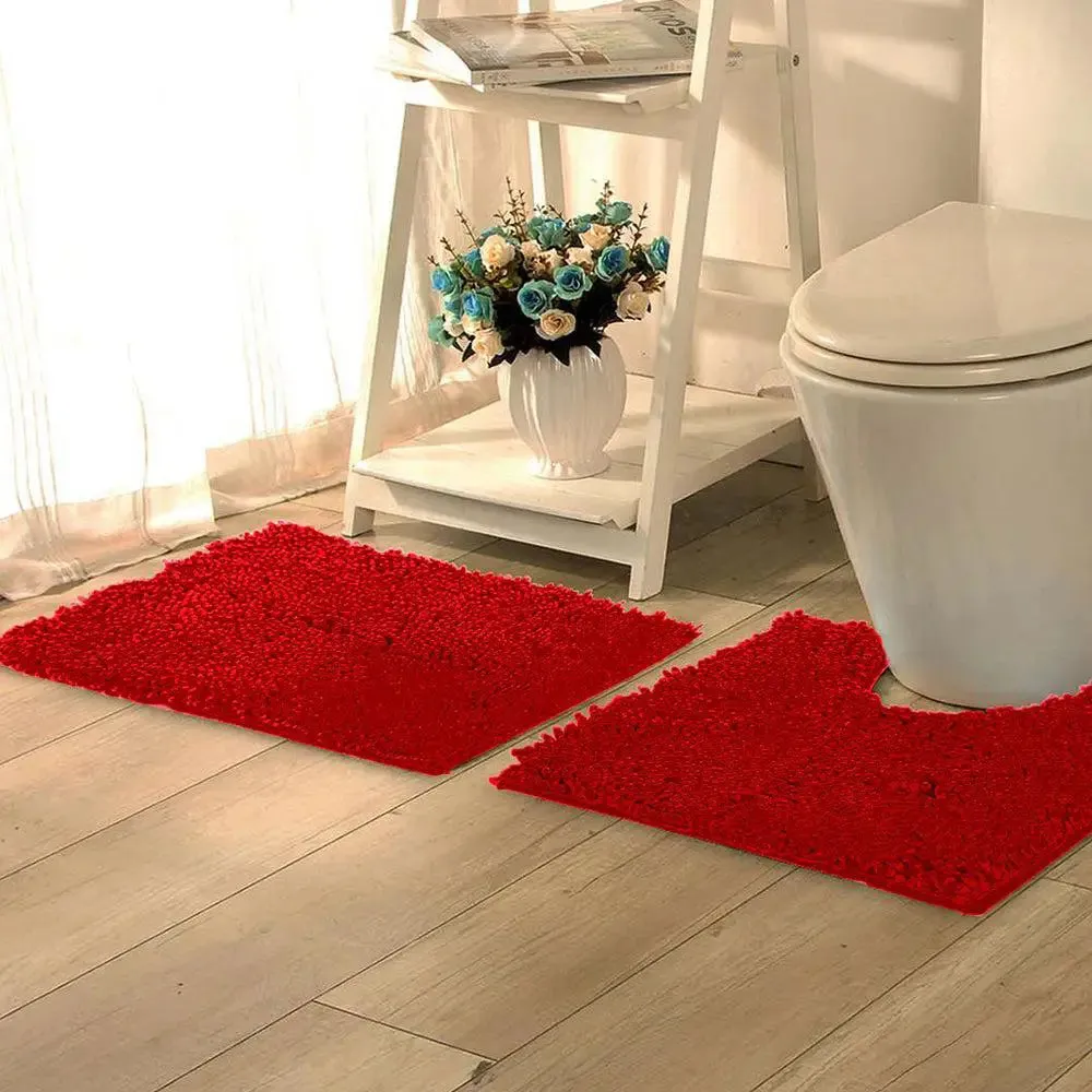 Lushomes Chenille Rococco Red No-Slip 2200 GSM Bathmat Set
