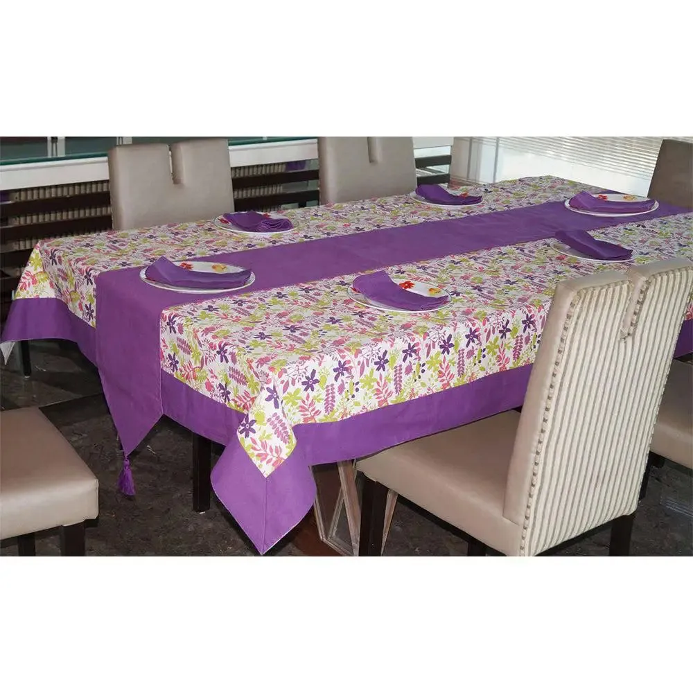 Lushomes Purple Rain Printed 6 Seater Small Cotton Table Linen Set (Pack of 8)