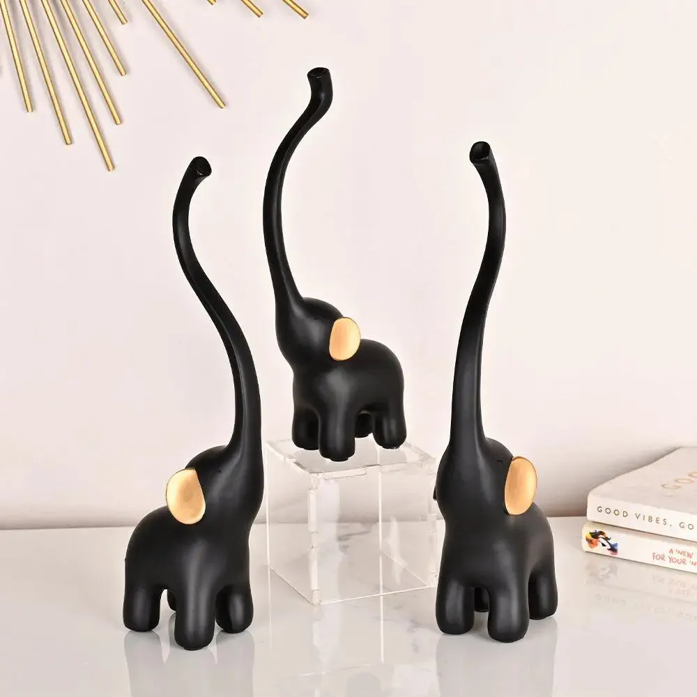 Luxe Long Trunk Black & Gold Elephant Polyresin Figurine (Set of 3)