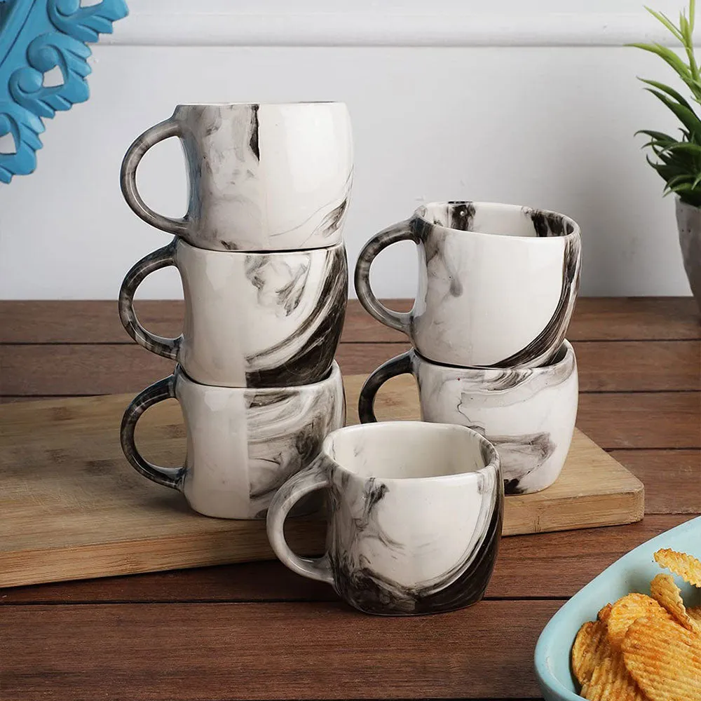 Marble Motif White & Grey Ceramic Coffee Mugs Set Of 6