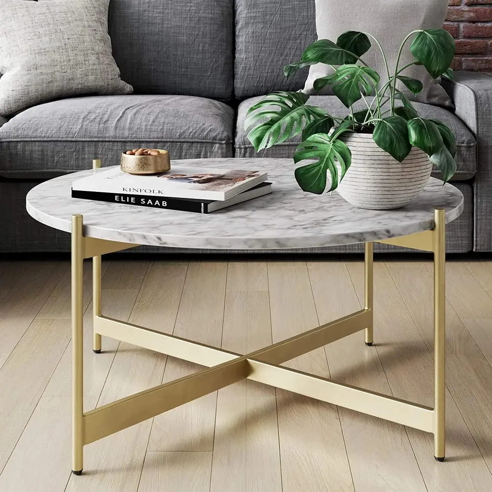 Marble Only For Minimalist Metal Coffee Table In Criss Cross Matte Gold Base