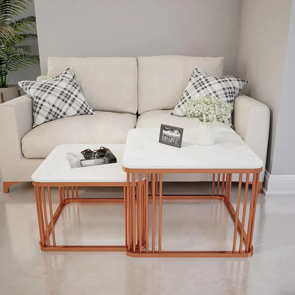 Marble only Square Tethered Copper Nesting Table (Set of 2) Large marble