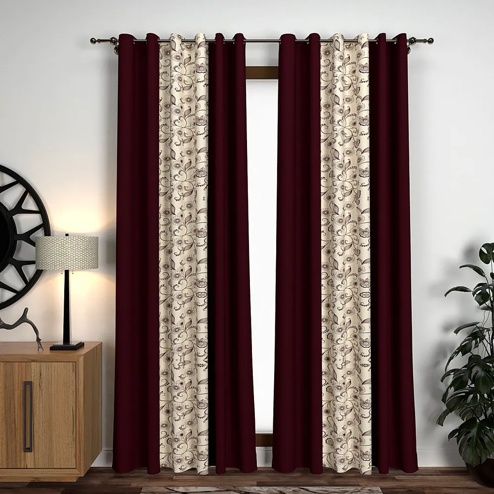 Maroon Floral Layered Designer Window Curtain