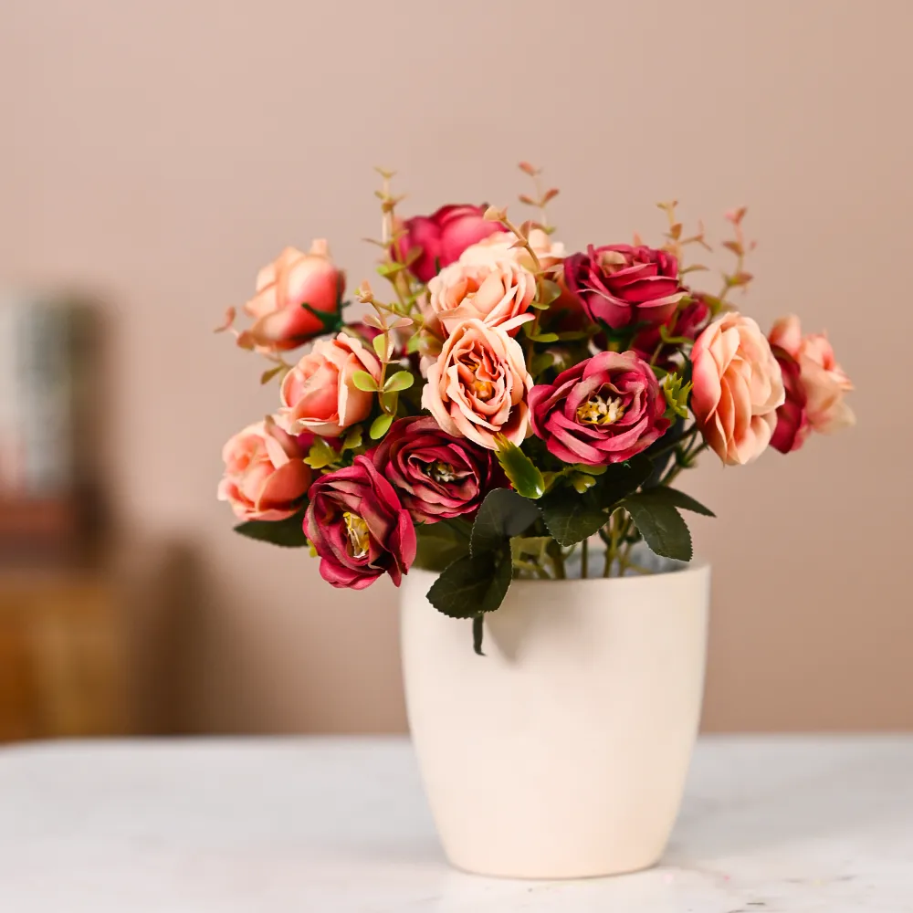 Maroon & Peach Artificial Rose Bunch Set Of 2