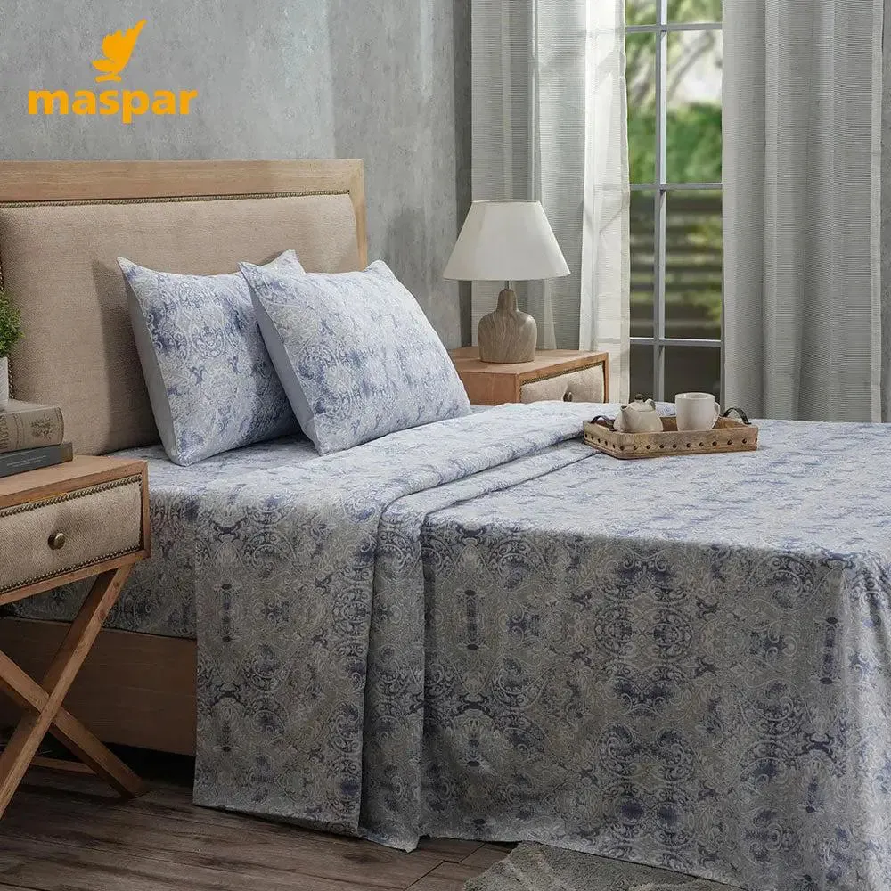 Maspar 100% Cotton Blue King Size Bedsheet with 2 Pillow Covers- PBS Refined Retro Baroque