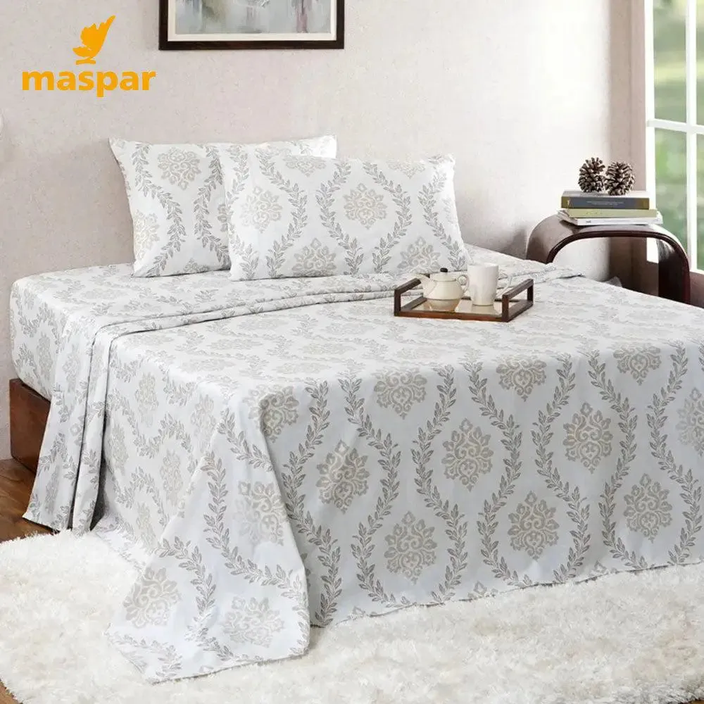 Maspar Beige 100% Cotton Printed King Size Bedsheet with 2 Pillow Covers -Tranquil Essence Lawn Leaflet
