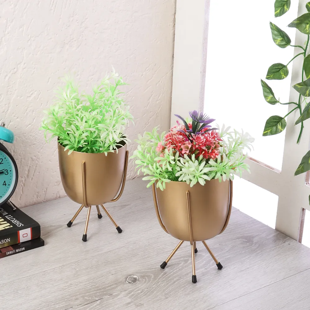Matte Finish Golden Table Top Metal Planters With Stand Set Of 2