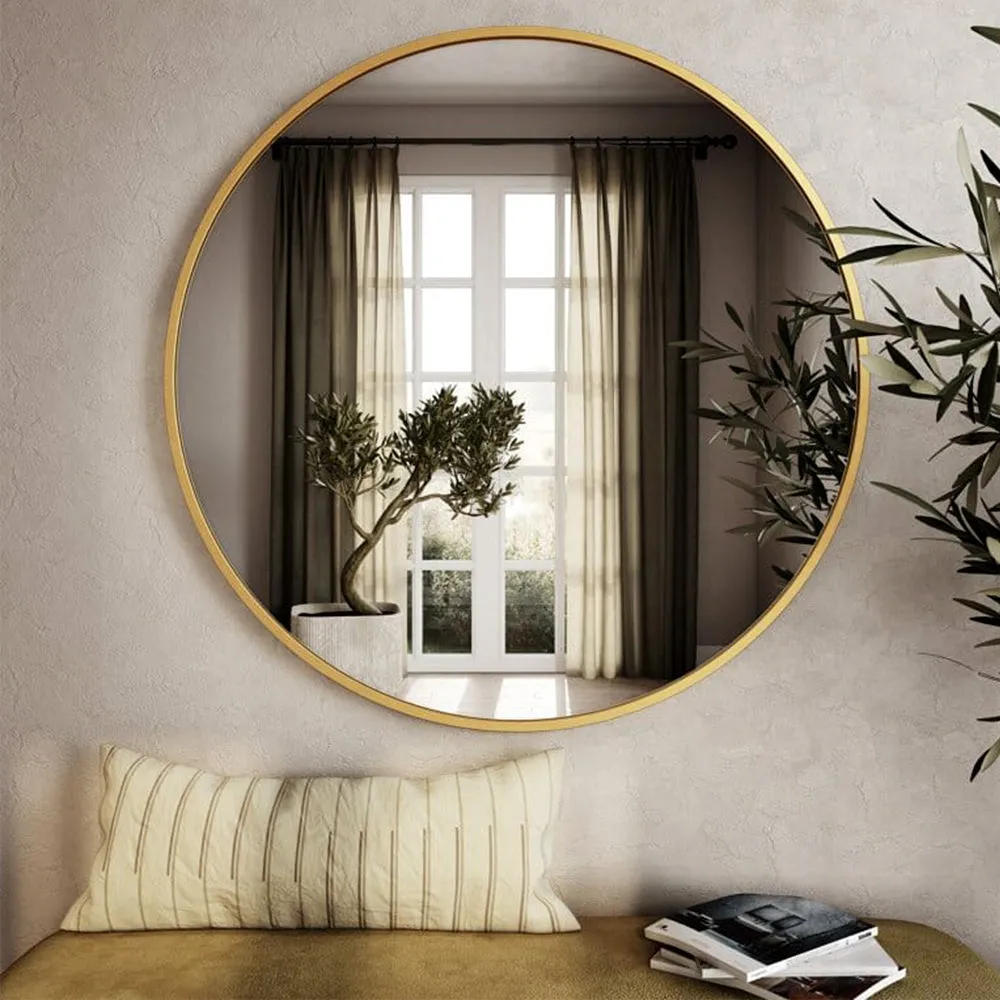 Matte Polish Golden Bordered Minimalist Round Wall Mirror 20 Inches