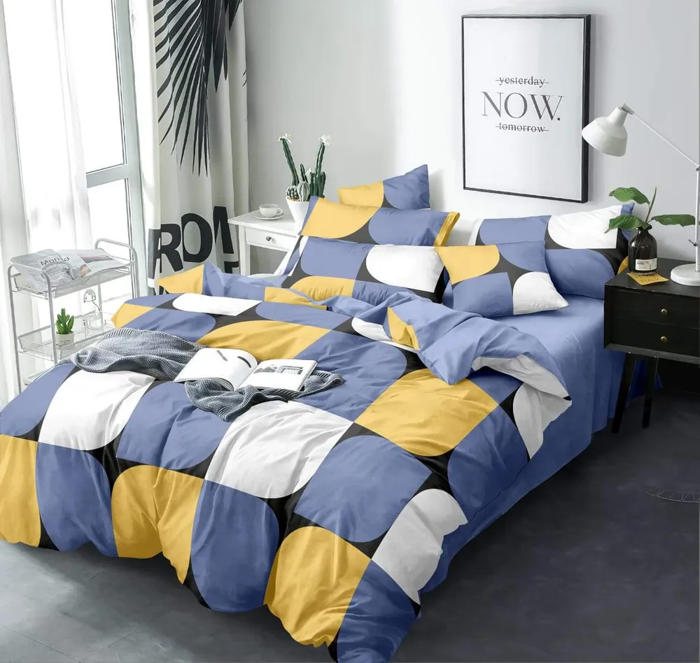 Mauve & Yellow Block Print Double Bedsheet With 2 Pillow Covers(Yellow & Lilac)