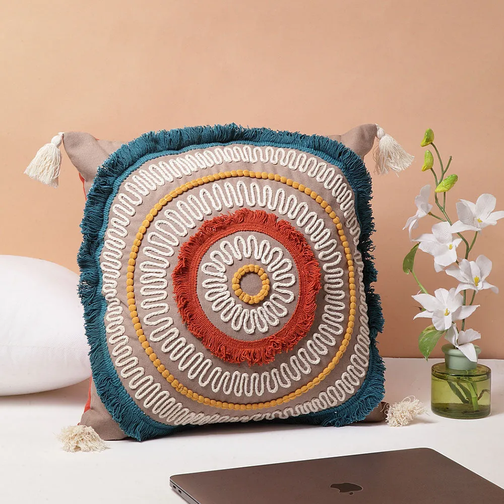 Medallion Embroidered & Fringed Lace 100% Cotton Square Cushion Cover Set of 1