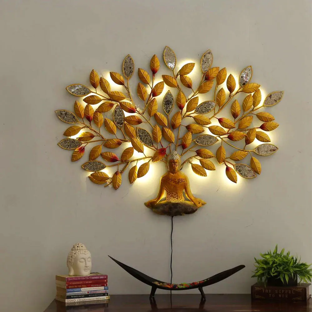 Meditating Buddha Beneath Tree LED Metal Wall Art