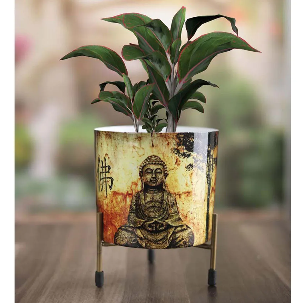 Meditating Buddha Red Resilient Metal Pot Planter Set Of 1