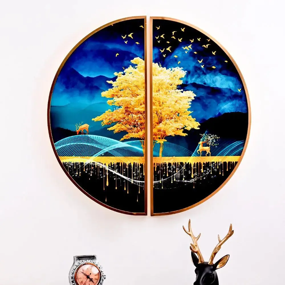 Mesmerising Tree Crystal Glass Art Wall Painting (Semi-Circular Golden Frame)