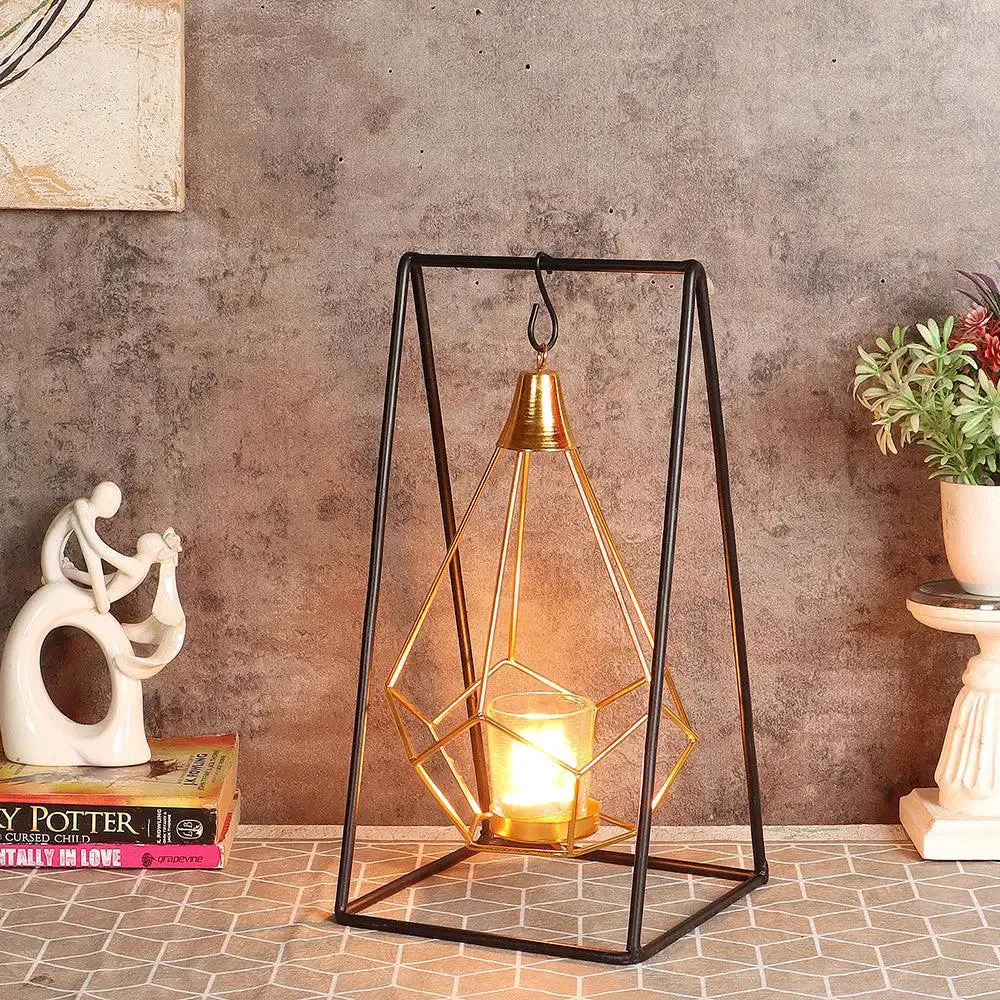 Metallic Triangle Diamond Pendulam Tealight Holder with Glass