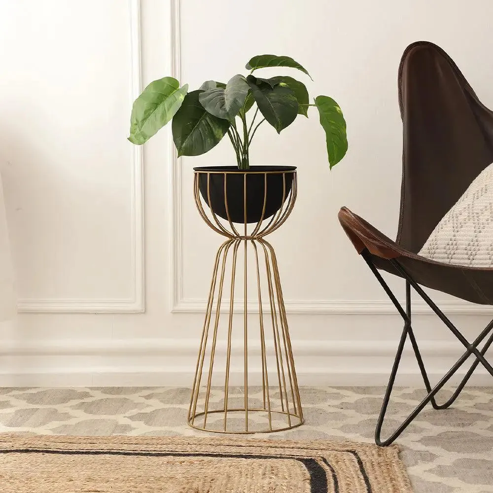 Metallic Twin Large Bloom Floor Planter Stand (Black Pot & Golden Stand)