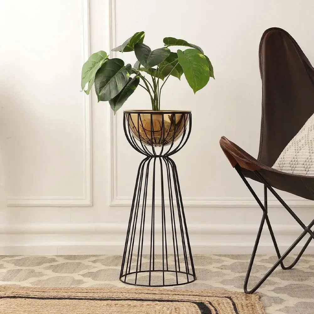 Metallic Twin Large Bloom Golden Floor Planter Stand (Golden Pot & Black Stand)