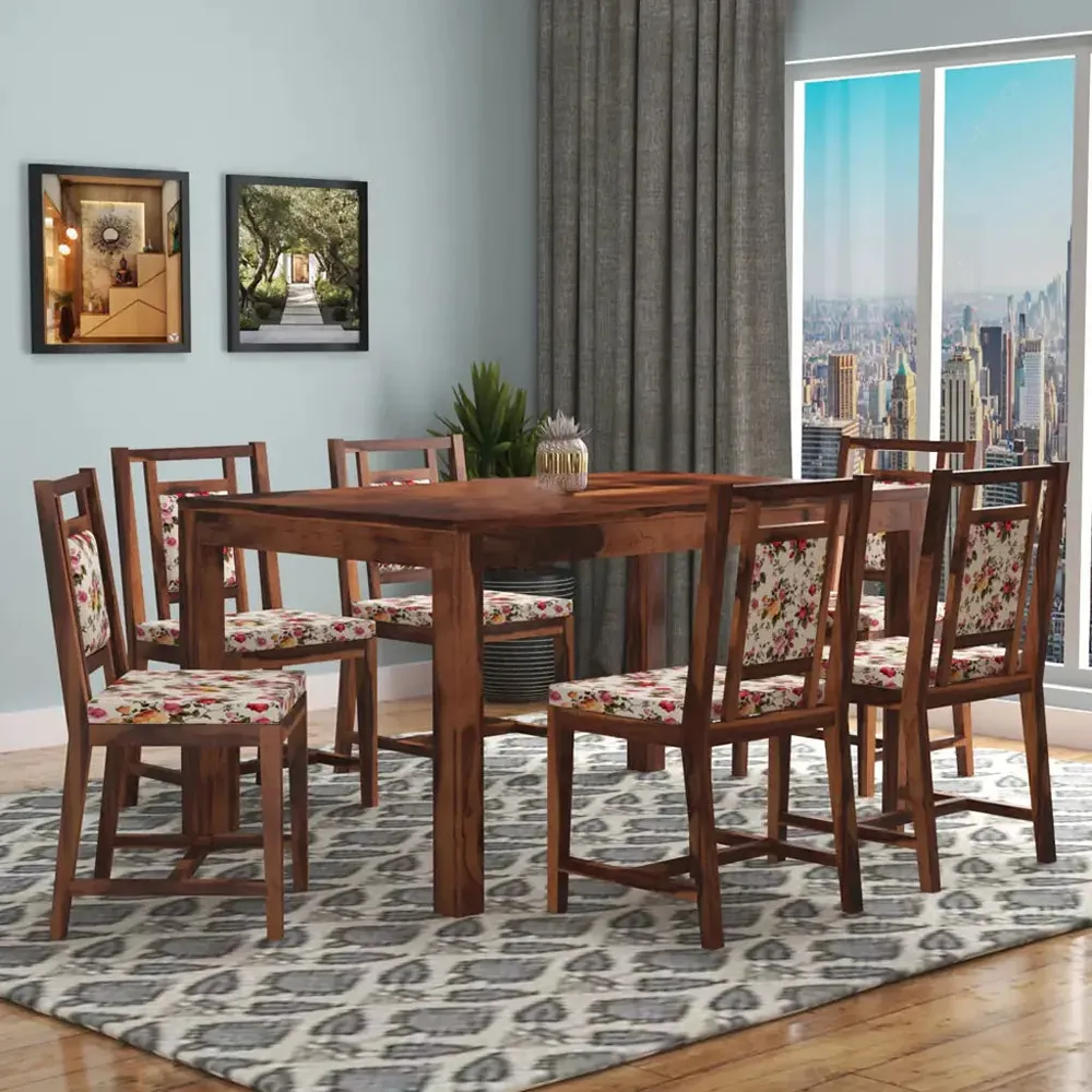Mid-Century Style Sheesham Wood Dining Table 6 Seater With Padded seats