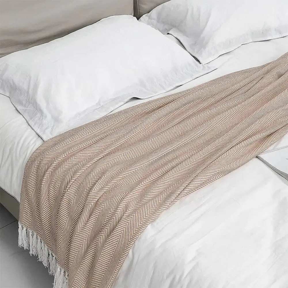 Minimalist Fringed Beige Warm Cotton Throw