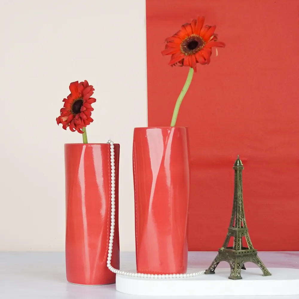 Minimalist Red Rectangular Ceramic Vase Set Of 2