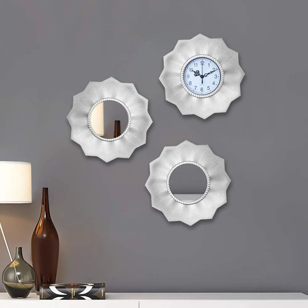 Minimalist Silver Floral Pattern Wall Clock & Mirror Set Of 3