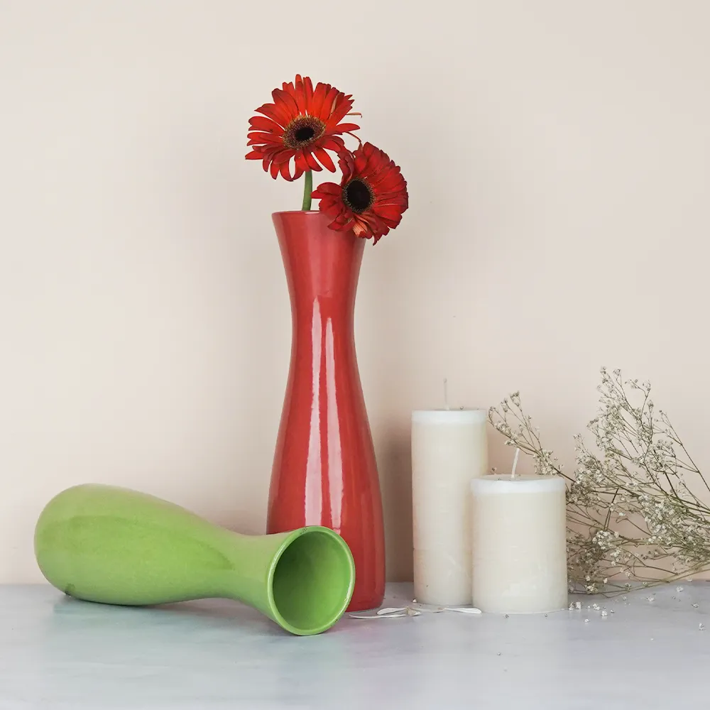 Minimalist Tapered Red & Green Ceramic Vases Set Of 2