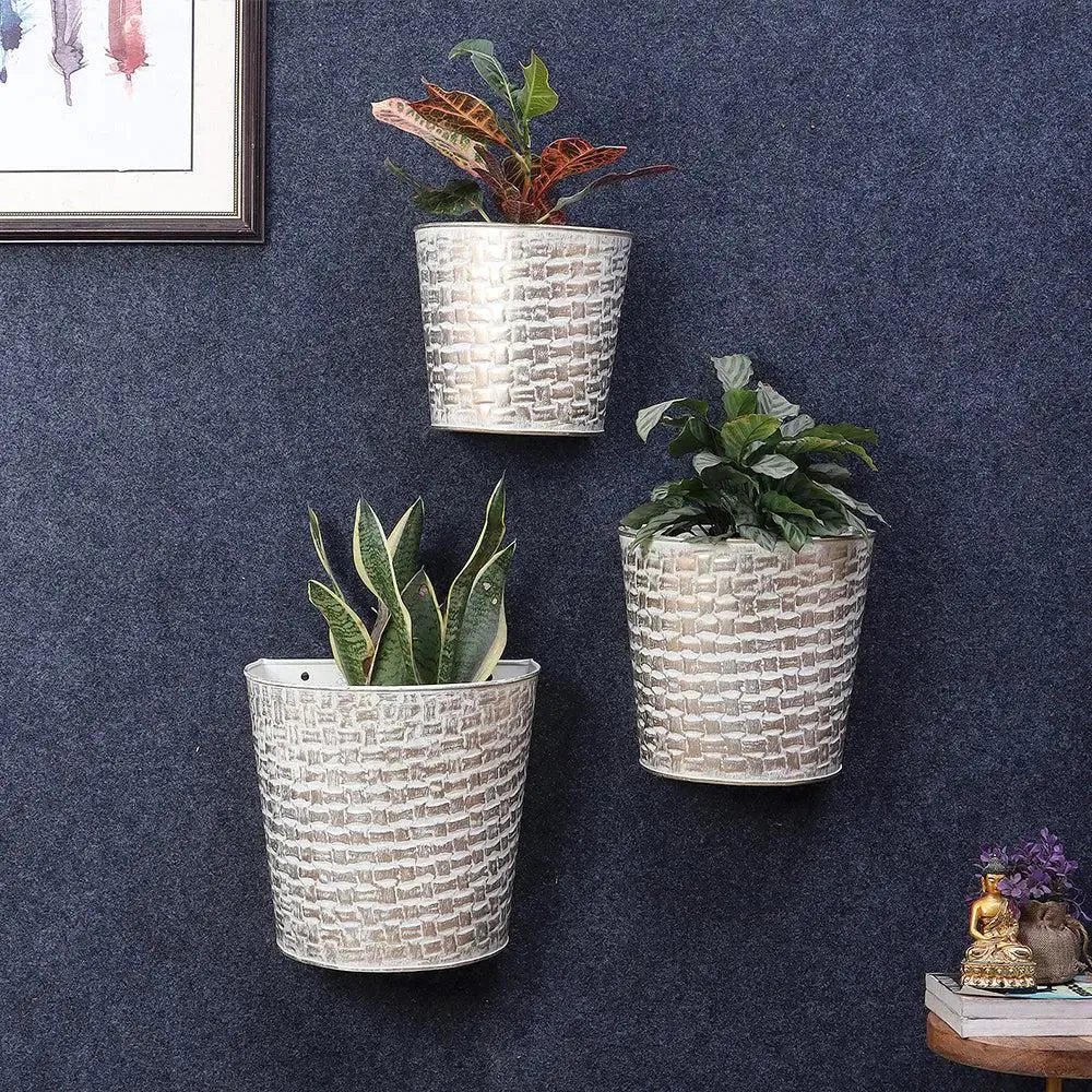 Minimalist White & Gold Hammered Wall Planter Set of 3