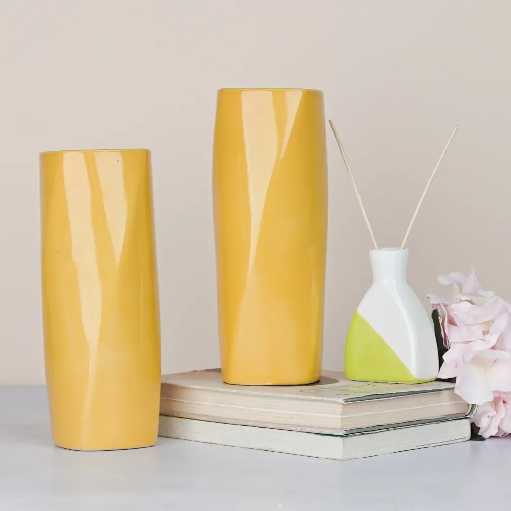 Minimalist Yellow Rectangular Ceramic Vase Set Of 2