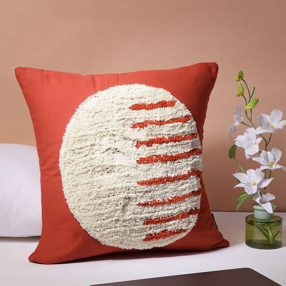 Minimalistic Cream Orange Tufted 100% Cotton Cushion Cover Set Of 1
