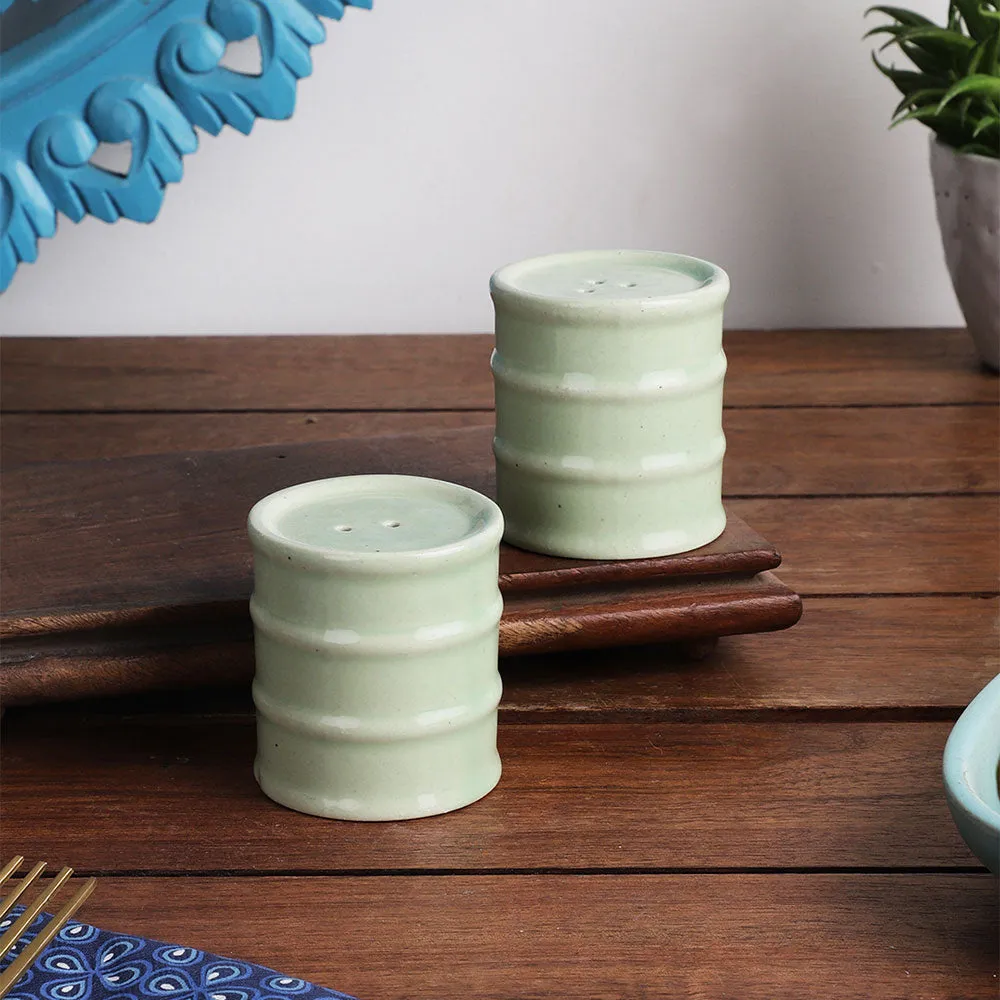 Mint Green Ceramic Cylindrical Salt & Pepper Set Of 2