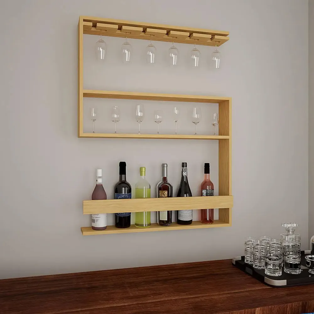 Modern Backlit Wooden Bar Wall Shelf Mini Bar Cabinet in Light