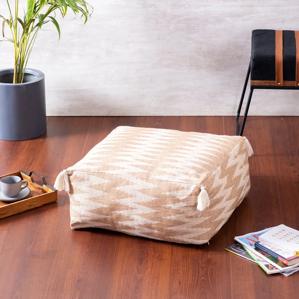 Modern Corner Beige and Cream Ethnic Print Cotton Tasseled Pouffe Stool With Filler