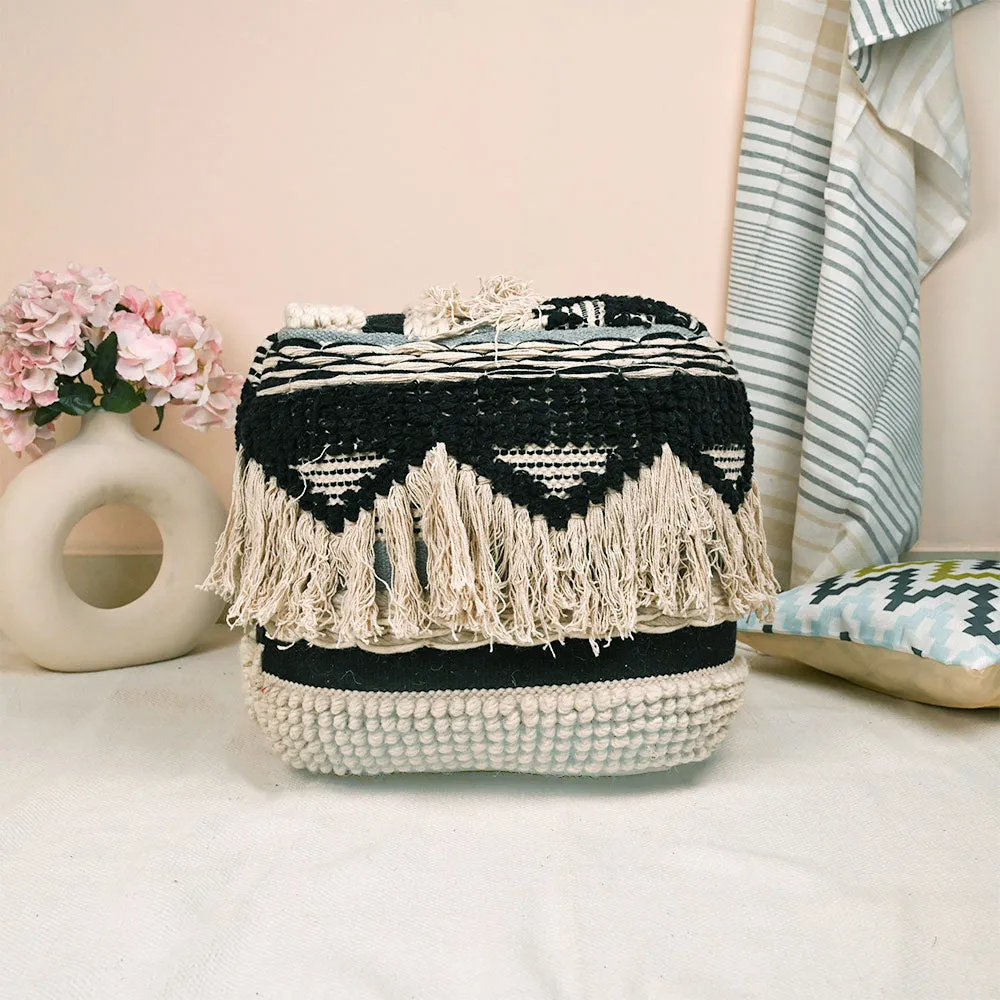 Modern Corner Cotton Material With Tassals Pouffe Stool For Living Room, Set of 1