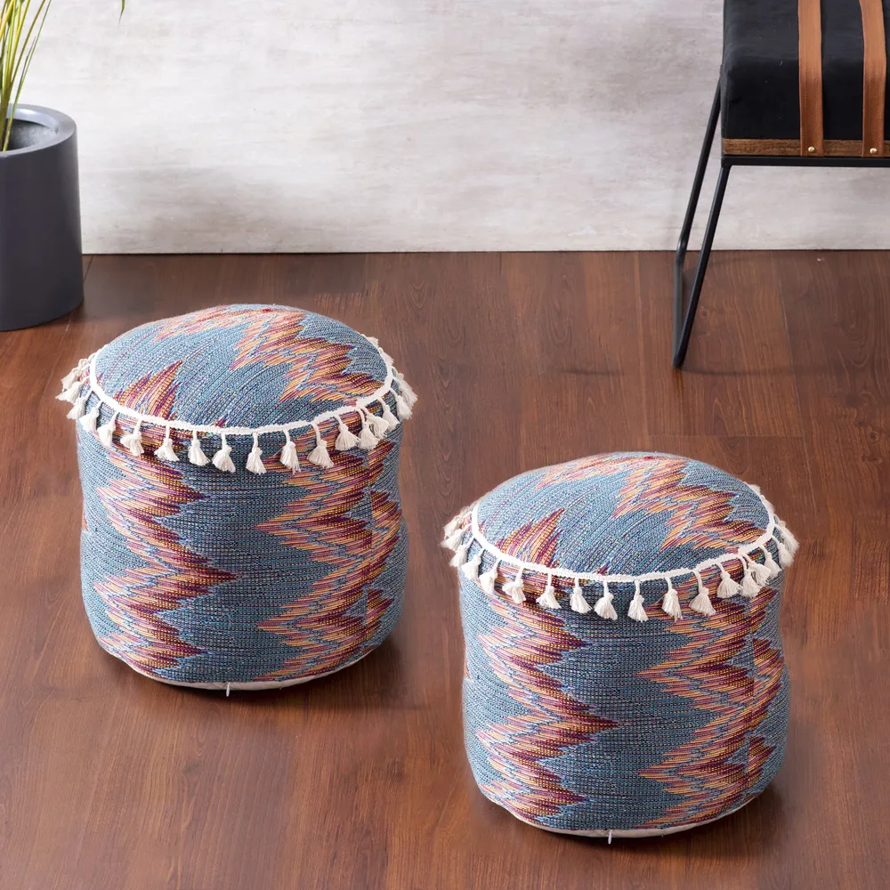 Modern Corner Multicolored Abstract Print Cotton Tasseled Pouffe Stool Set Of 2  With Filler
