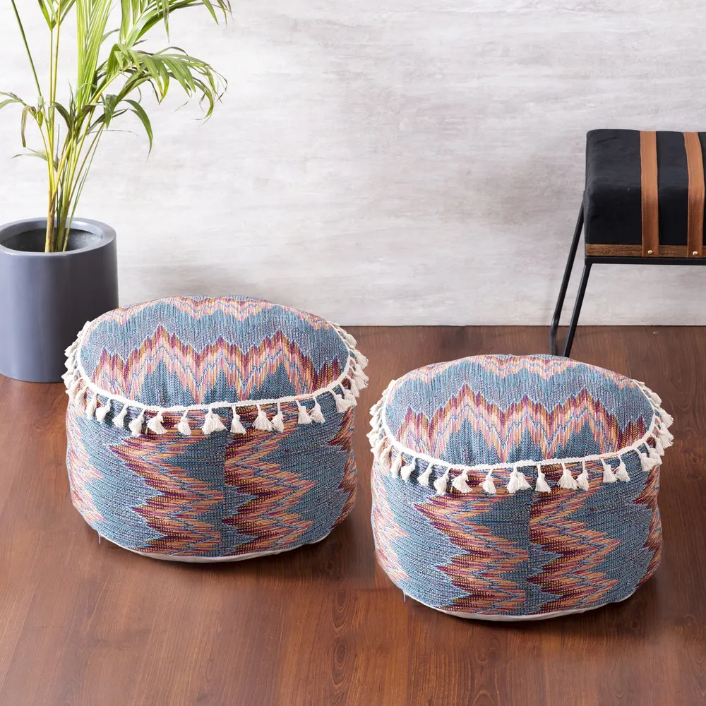 Modern Corner Multicolored Abstract Print Cotton Tasseled Pouffe Stool Set Of 2 With Filler