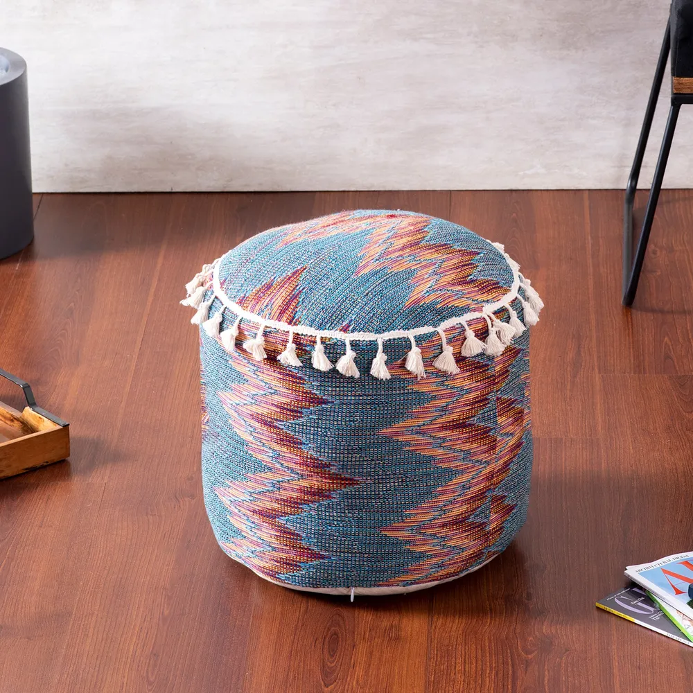 Modern Corner Multicolored Abstract Print Cotton Tasseled Pouffe  Stool With Filler