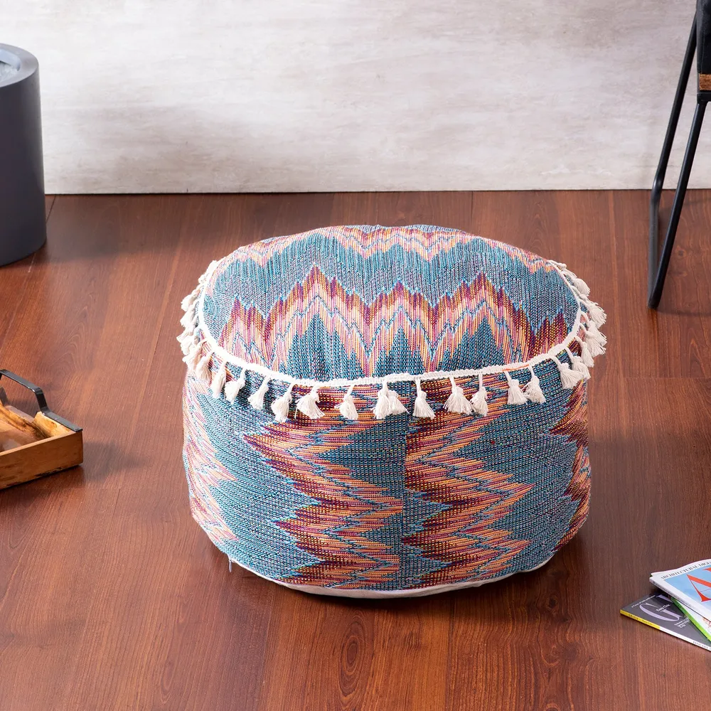 Modern Corner Multicolored Abstract Print Cotton Tasseled Pouffe Stool Without Filler