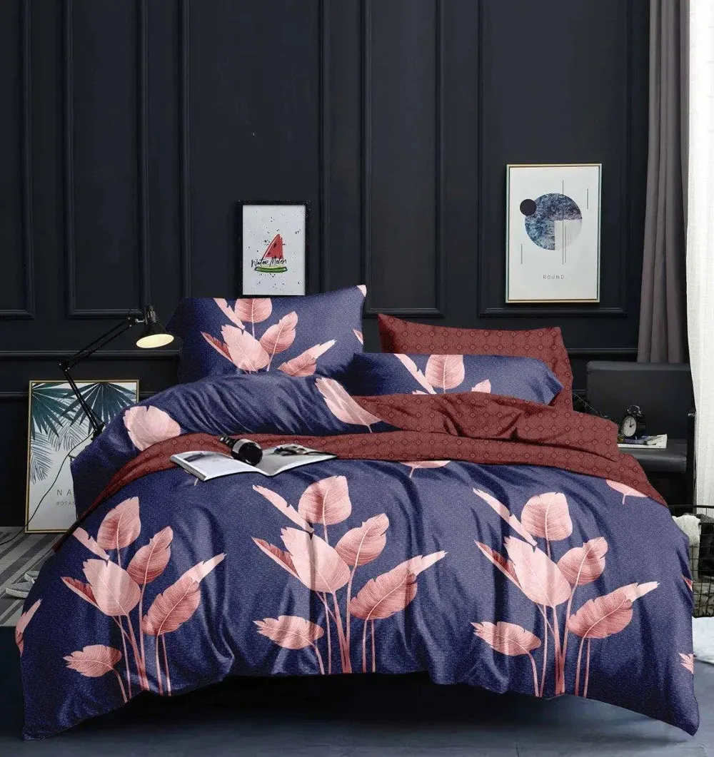 Modern Design Leaf Printed Fitted Double Bed Sheet With Pillow Covers