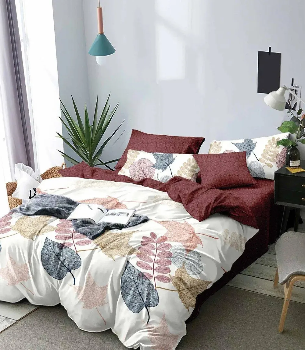 Modern Design Leaf Printed Fitted Double Bed Sheet With Pillow Covers
