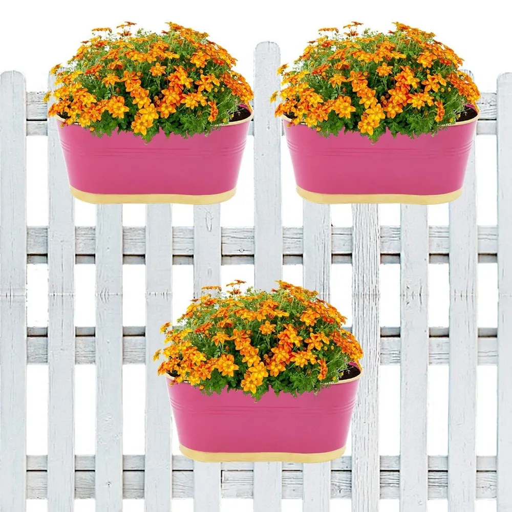 Modern Oval Pink Balcony Railing Planter with Detachable Handle Set Of 3