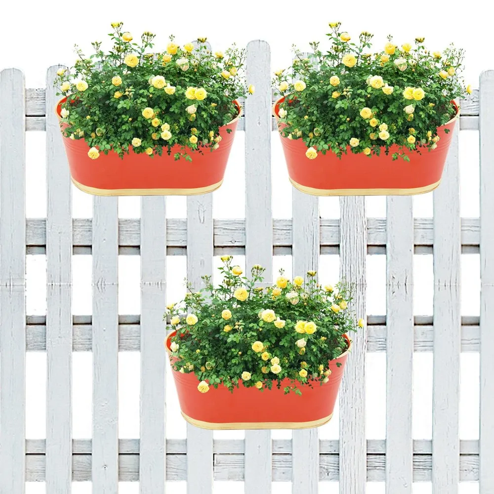 Modern Oval Red Balcony Railing Planter with Detachable Handle Set Of 3