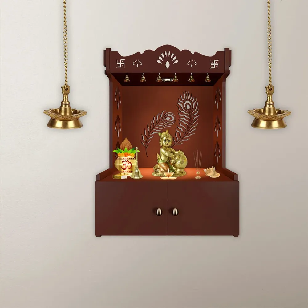 Mor Pankh Brown Wooden Temple for Home with Inbuilt Focus Light &amp; Spacious Shelf