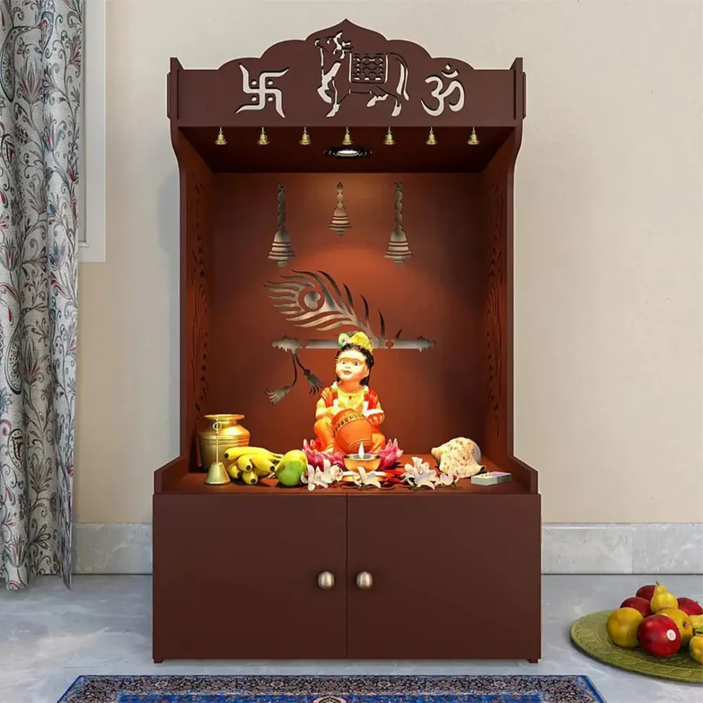 Mor Pankh Wooden Floor Temple With Spacious Shelf &amp; Inbuilt Focus Light- Brown