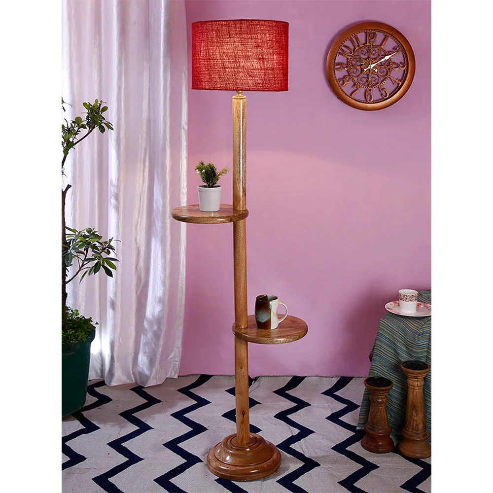 Natural Wood Dual Table Floor Lamp With Jute Shade