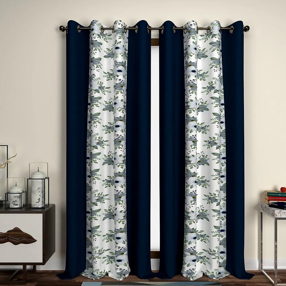 Navy Blue Floral Designer Layered Window Curtain